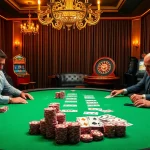 Experienced players strategizing at a GO8 themed poker table with vibrant chips and ambiance.