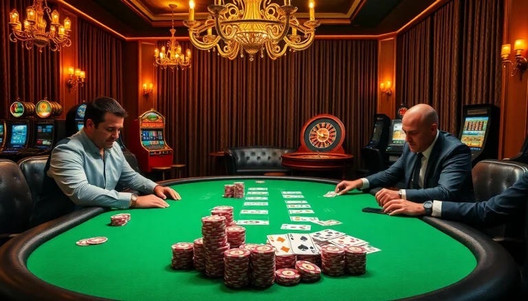Experienced players strategizing at a GO8 themed poker table with vibrant chips and ambiance.