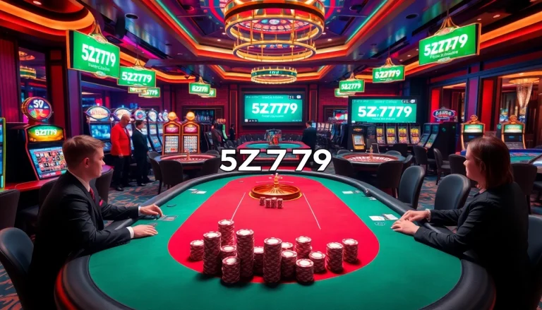 Join the excitement at 5Z7779 casino with thrilling poker action and vibrant gaming scenes.