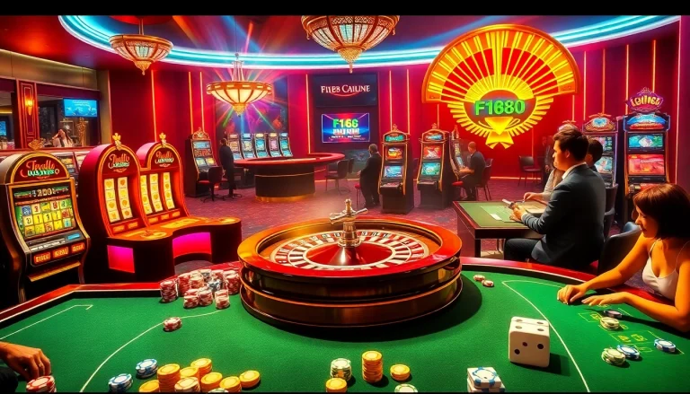 Engaging players enjoying a dynamic casino experience at F168 com, showcasing vibrant casino tables and colorful chips.