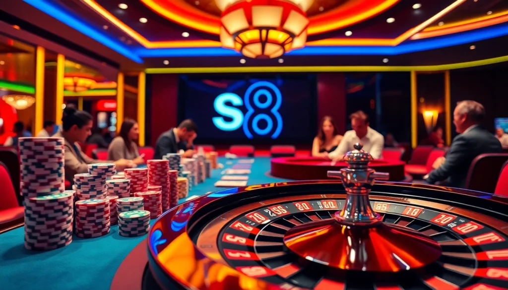 Experience the thrill of gambling with s8 at a luxurious casino table filled with poker chips and cards.