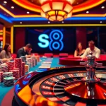 Experience the thrill of gambling with s8 at a luxurious casino table filled with poker chips and cards.