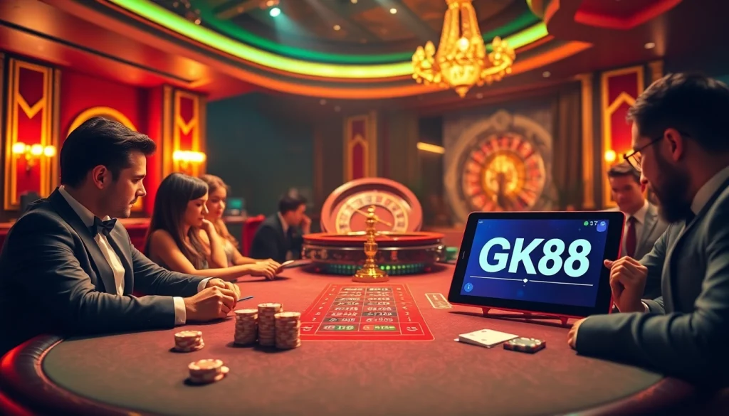 Players enjoying high-stakes poker at GK88 casino with luxurious atmosphere and vibrant casino elements.