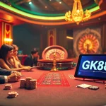 Players enjoying high-stakes poker at GK88 casino with luxurious atmosphere and vibrant casino elements.