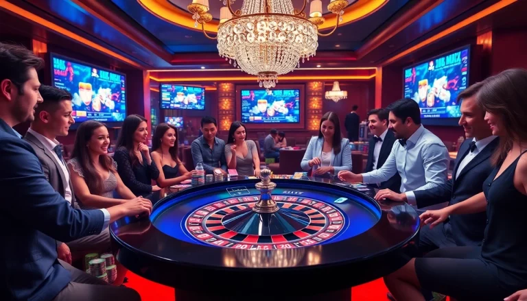 Gamble at god345.net with colorful chips and excited players at a luxurious roulette table.