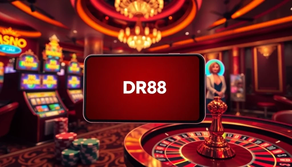 Experience DR88 online gambling with vibrant slot machines and poker chips in a luxurious setting.