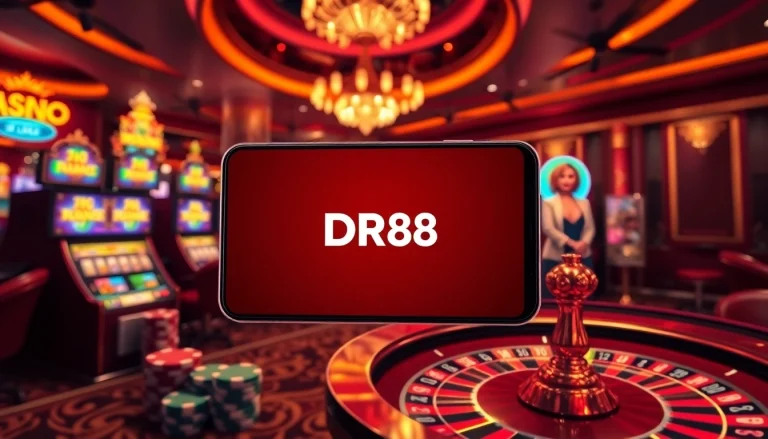 Experience DR88 online gambling with vibrant slot machines and poker chips in a luxurious setting.