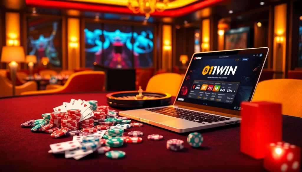 Experience the thrill of high-stakes gambling at https://11win.best/ with vibrant poker chips and a spinning roulette wheel.