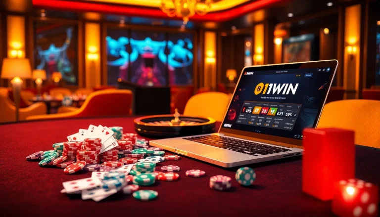Experience the thrill of high-stakes gambling at https://11win.best/ with vibrant poker chips and a spinning roulette wheel.