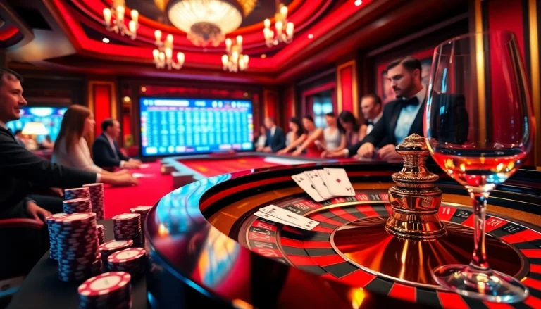 Players engaging in thrilling games at MM88’s luxurious casino environment, showcasing poker chips and a vibrant roulette table.