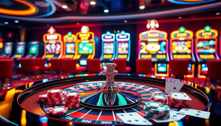 Experience the thrill of online gambling at https://abc8phi.com/ with vibrant casino visuals featuring sleek roulette tables and slot machines.