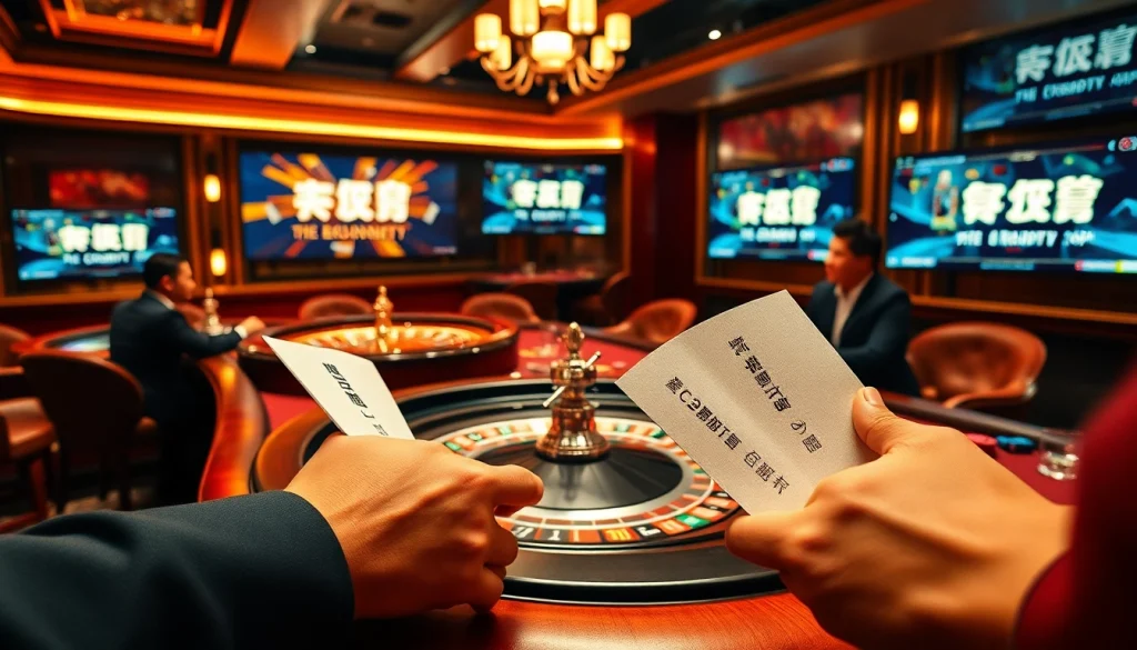 Engage in 상품권소액결제 strategies at a luxurious casino poker table with vibrant chips and screens.