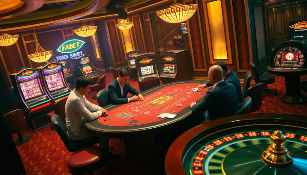 Engaging gamblers at FABET's luxurious poker tables and vibrant slot machines.
