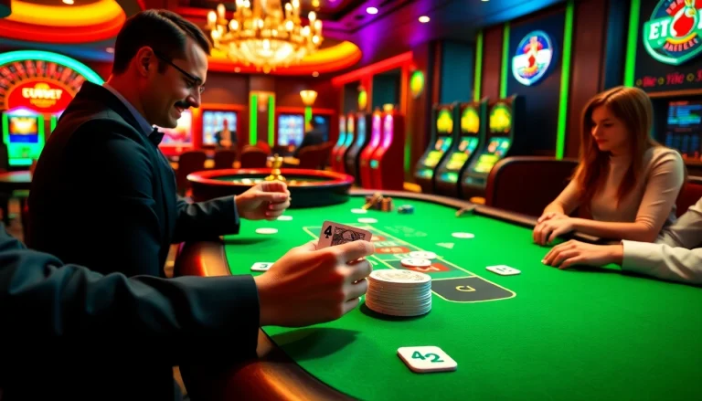 High-stakes excitement at C168 casino with players at a poker table and roulette wheel.