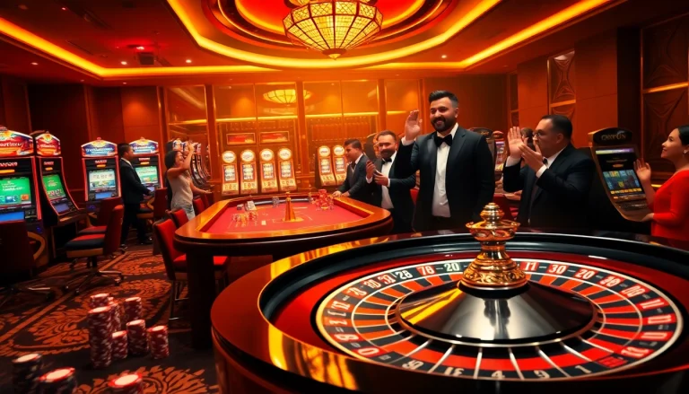 Experience the thrill of OKFUN đăng Ký with vibrant casino scenes featuring poker tables, roulette wheels, and slot machines.