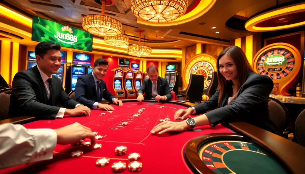 Players enjoying an exciting game at Jun888 casino with elegant tables and vibrant slot machines.