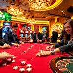 Players enjoying an exciting game at Jun888 casino with elegant tables and vibrant slot machines.
