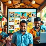 Hela Ad digital interface showcasing vibrant Sri Lankan ads in a lively community setting.