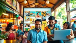Hela Ad digital interface showcasing vibrant Sri Lankan ads in a lively community setting.