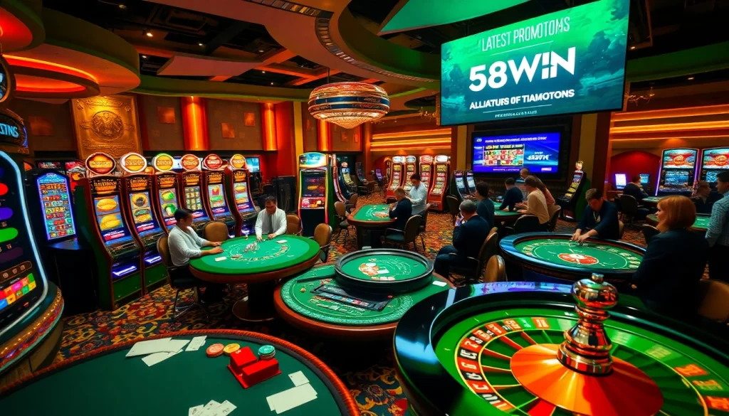58WIN casino scene showcasing exciting table games and lavish slot machines for a thrilling experience.