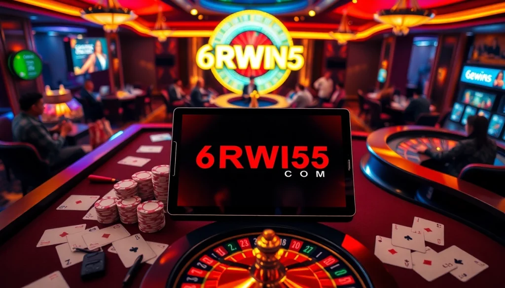 Play the exciting games on 6RWIN55 COM, featuring poker chips and vibrant casino elements.