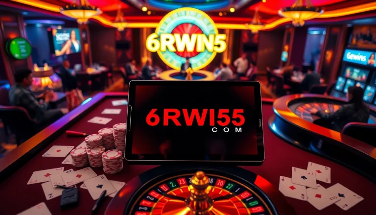 Play the exciting games on 6RWIN55 COM, featuring poker chips and vibrant casino elements.