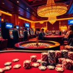 Experience the thrill of gaming at okbay com with luxurious casino visuals showcasing players and slot machines.