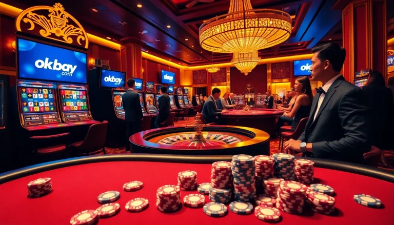 Experience the thrill of gaming at okbay com with luxurious casino visuals showcasing players and slot machines.