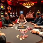 Okwin players enjoying a high-stakes poker game surrounded by vibrant casino elements.