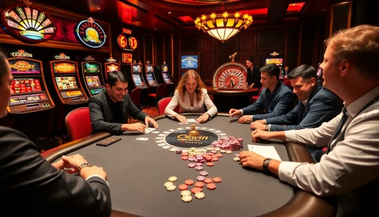 Okwin players enjoying a high-stakes poker game surrounded by vibrant casino elements.
