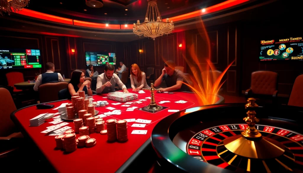 Players enjoying a thrilling game at https://lucky88com.me/, surrounded by vibrant casino elements and betting excitement.