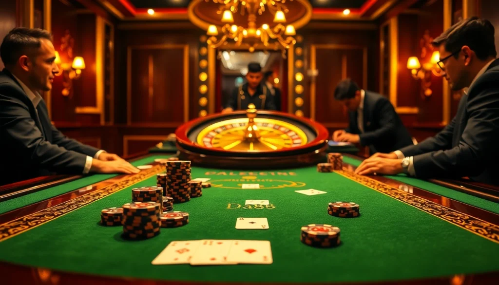 Players enjoying a thrilling game at DA88's luxurious casino table with poker chips and cards.