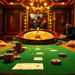 Players enjoying a thrilling game at DA88's luxurious casino table with poker chips and cards.