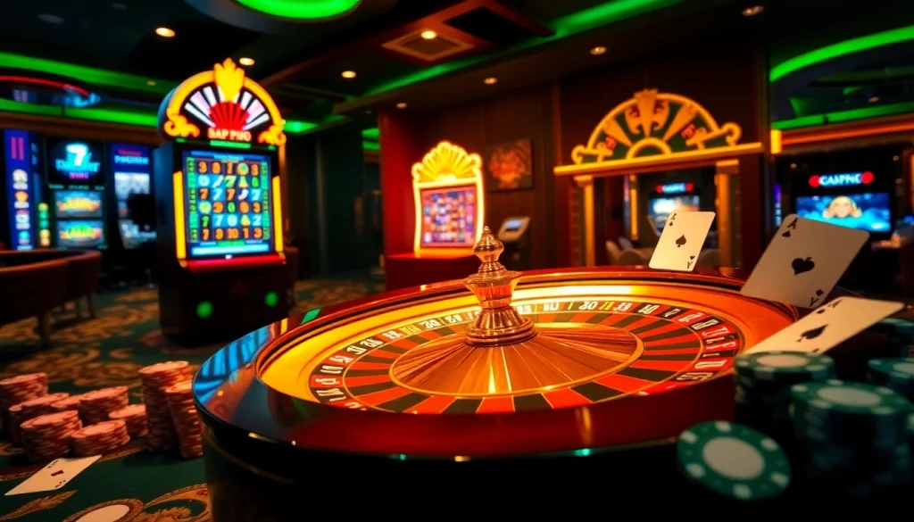 Winning at rr88.pizza with roulette wheel, poker chips, and vibrant casino environment.