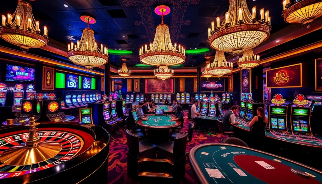 Experience raja barong in a luxurious casino scene filled with vibrant slot machines and excited players.