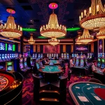 Experience raja barong in a luxurious casino scene filled with vibrant slot machines and excited players.