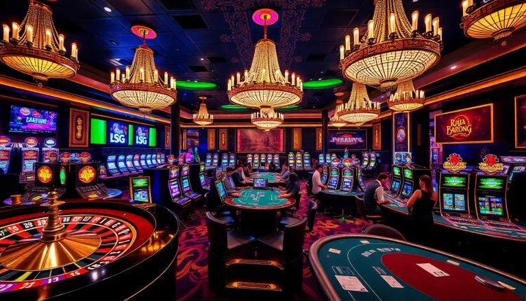 Experience raja barong in a luxurious casino scene filled with vibrant slot machines and excited players.