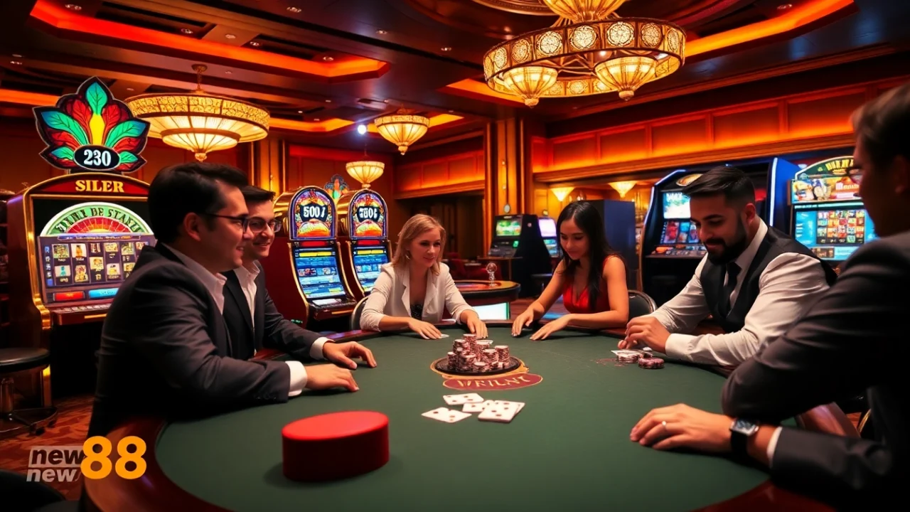 Players enjoying poker and slot machines in a luxurious casino atmosphere at new88.