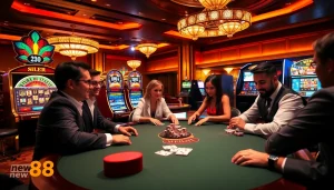 Players enjoying poker and slot machines in a luxurious casino atmosphere at new88.