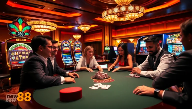 Players enjoying poker and slot machines in a luxurious casino atmosphere at new88.