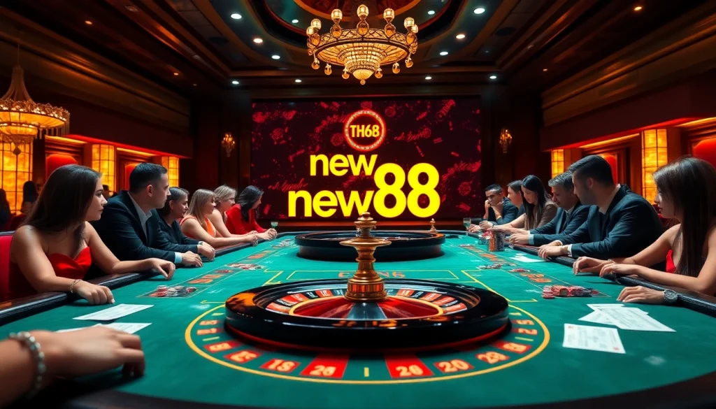 Engaged players enjoying a thrilling game atmosphere at new88 casino with roulette and poker elements.