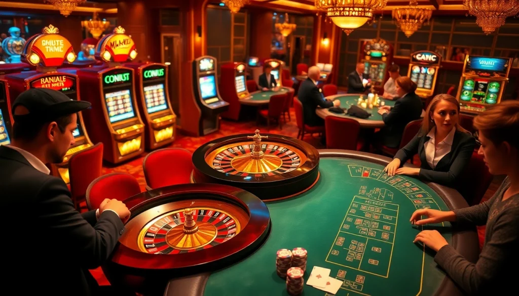 Players enjoying games at a luxurious casino setting on https://marvelbet.site/ with roulette and slot machines.