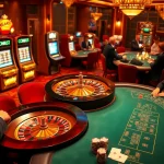 Players enjoying games at a luxurious casino setting on https://marvelbet.site/ with roulette and slot machines.