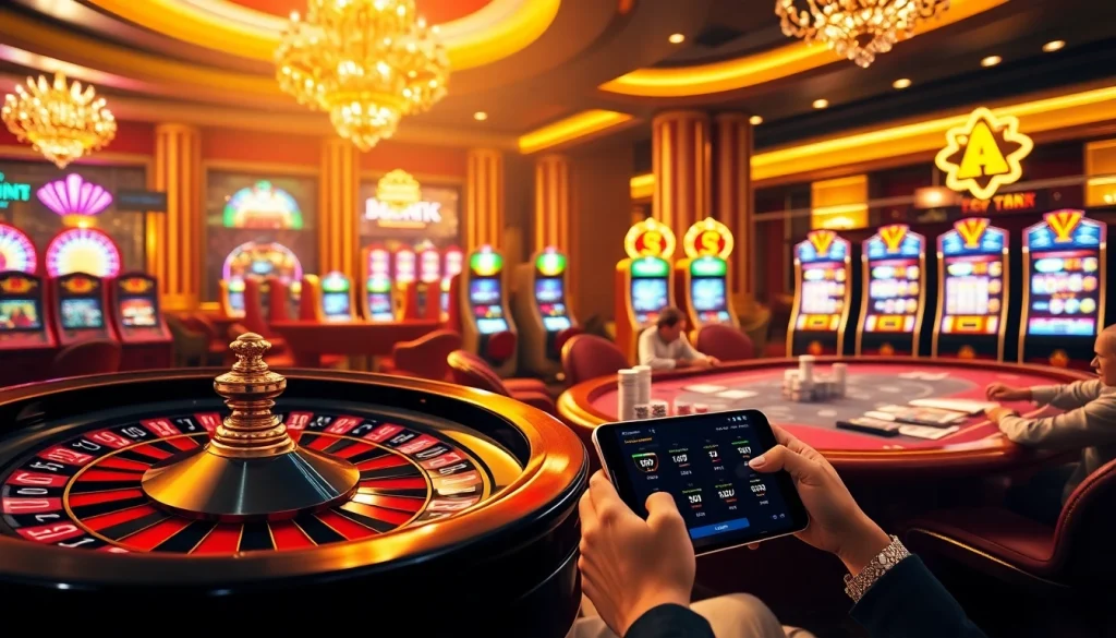 Betting excitement at https://rr88.se.net/ with a roulette wheel and vibrant slot machines.