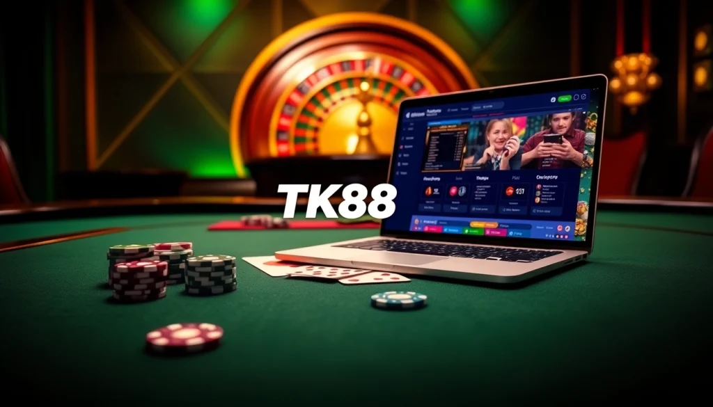 Experience thrilling casino action with TK88's vibrant gambling interface, showcasing roulette and poker elements.