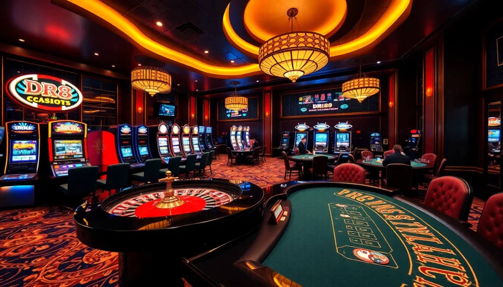 Engaging DR88 casino experience with vibrant tables, thrilling slots, and players enjoying their games.