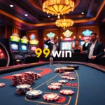 Excited players celebrating their wins at the 99win casino table with vibrant lights.