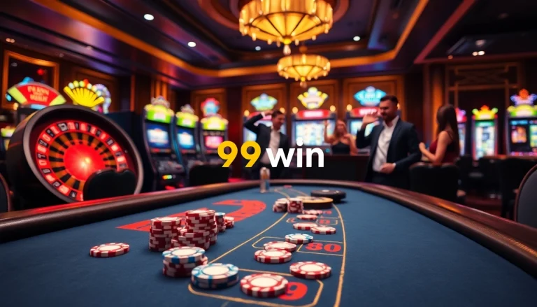 Excited players celebrating their wins at the 99win casino table with vibrant lights.