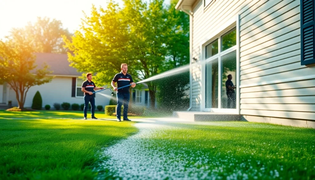 Soft wash service in action, professionals cleaning a home's exterior with eco-friendly techniques.
