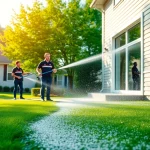 Soft wash service in action, professionals cleaning a home's exterior with eco-friendly techniques.